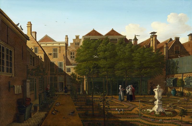 Garden scene with flowers and a figure tending to them, oil painting by Paulus Constantijn la Fargue