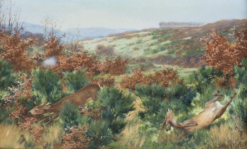 La Caza del Ciervo de Johannes Gehrts, pintura al óleo que muestra un majestuoso ciervo en un bosque
