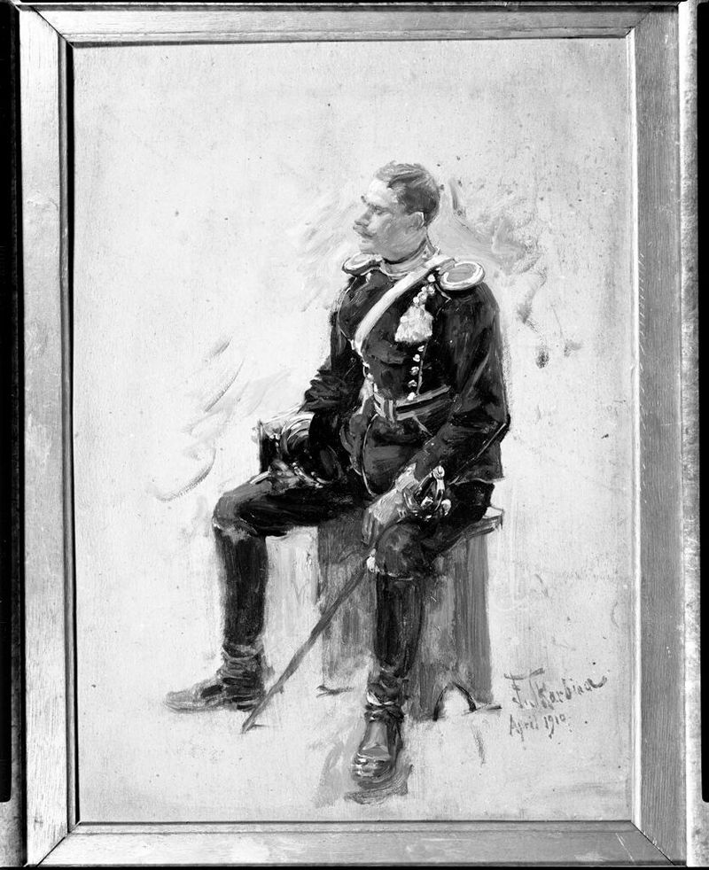 Figurative oil on cardboard work by Franz Skarbina depicting a solitary uhlan in uniform.