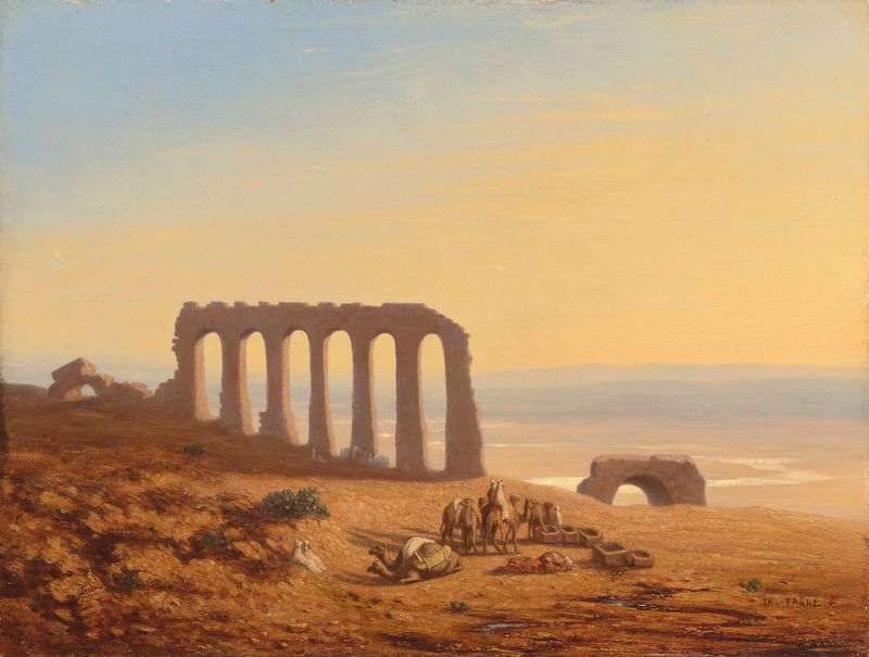A Bedouin encampment with tents and ruins, oil on canvas by Charles Théodore Frère