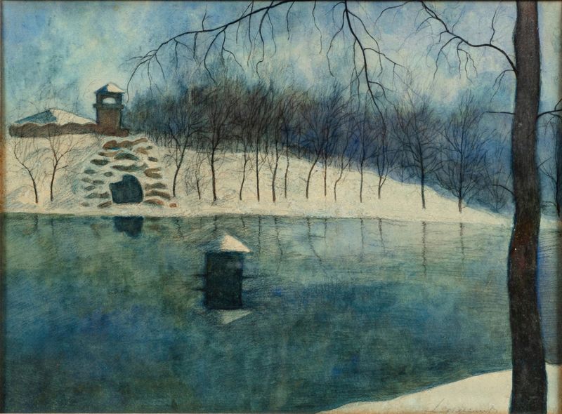 Paisaje con nieve cubriendo el suelo y un estanque tranquilo de Léon Spilliaert, 1915