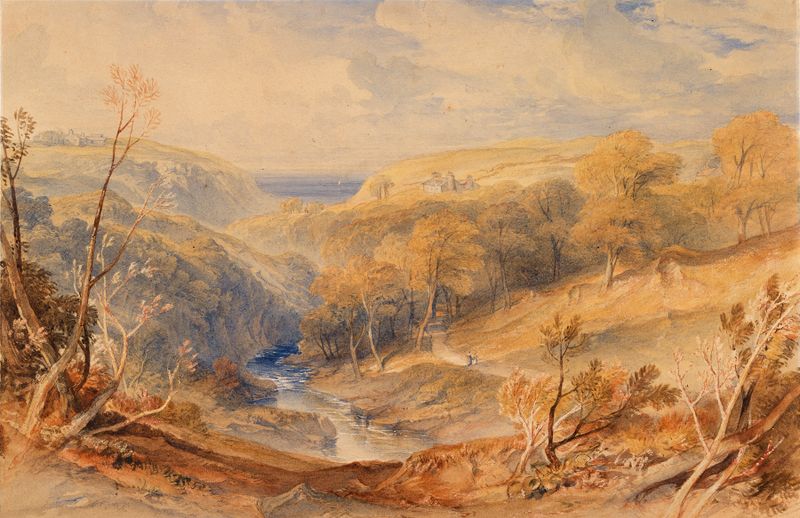 A Wooded Valley on the Isle of Man by William Leighton Leitch, oil painting of a tranquil landscape with trees and light.