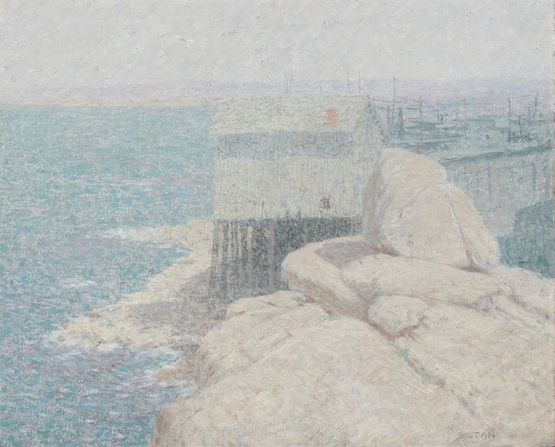 Cena marinha com um barco de pesca na Monterey Bay por Bolton Coit Brown, pintura a óleo