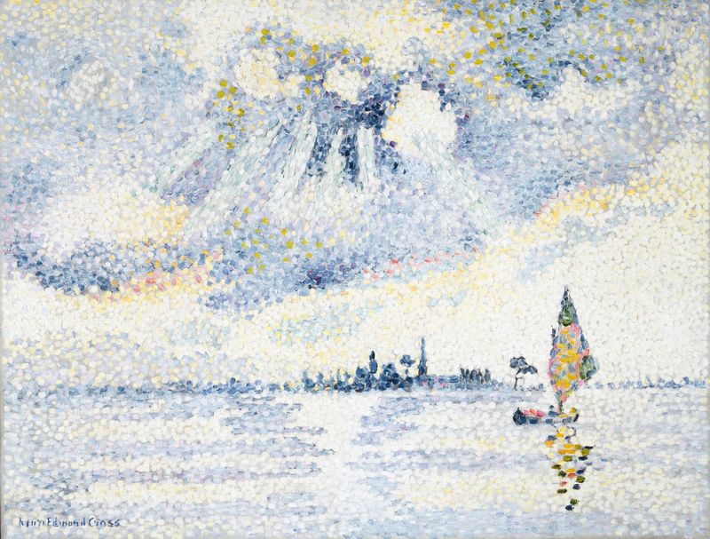 Sunset on the Lagoon, Venice de Henri-Edmond Cross, óleo sobre tela representando uma paisagem serena ao crepúsculo.