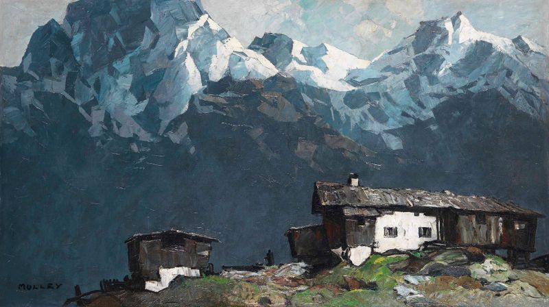 Landscape depicting a farmhouse and rolling hills by Oskar Mulley, 1920