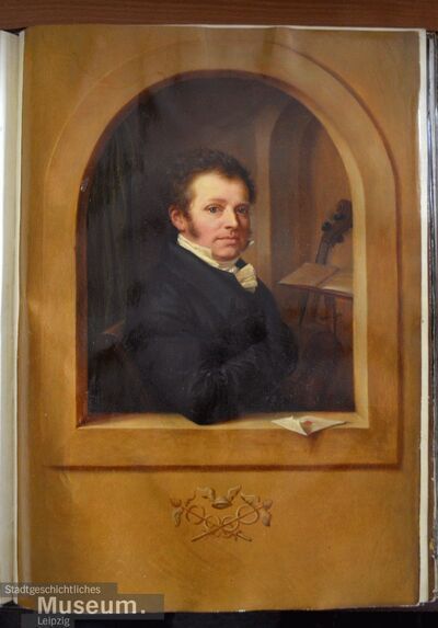 Retrato de Jacob Heinrich Thieriot, óleo sobre pergamino de A. Dellbrück, con cello y notas musicales.