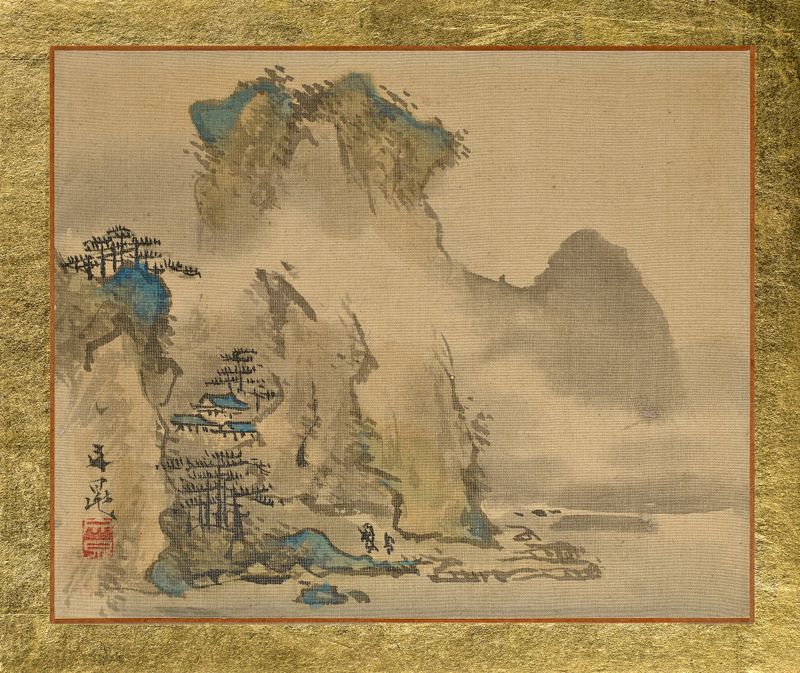 An Old Man and his Attendant heading towards a House on a Hill, ink on paper by Tani Bunchō