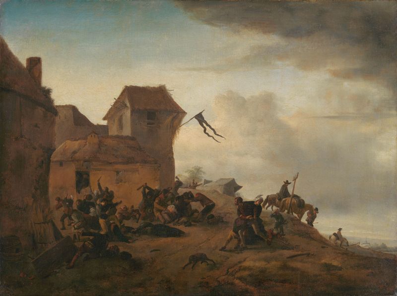 Peasants Fighting near a Village, óleo sobre lienzo de Philips Wouwerman, representando hombres en lucha.