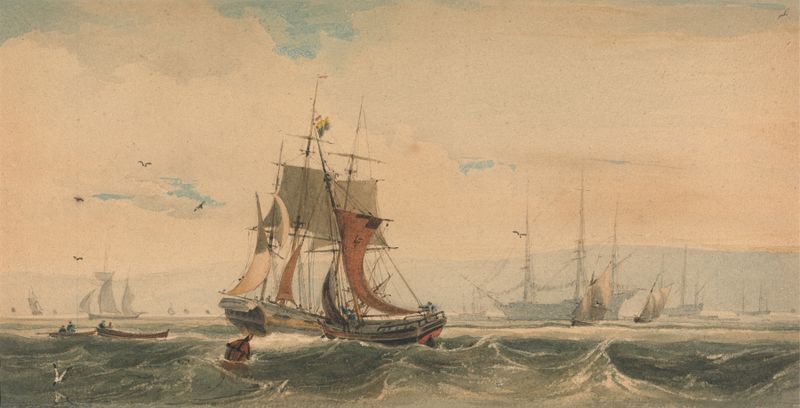 Shipping on the Medway, Kent by François Louis Thomas Francia, oil on canvas depicting a tranquil river with boats