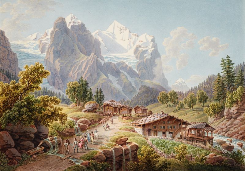 Landscape of icy mountains and glaciers, oil painting by Gabriel Lory the older