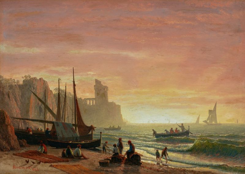 Paisaje marino de Albert Bierstadt, pintura al óleo que representa una costa serena y suaves olas.