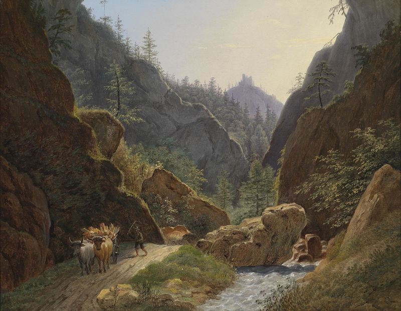 Genre scene depicting a farmer with oxen in a landscape by Matthias Rudolf Toma, oil painting