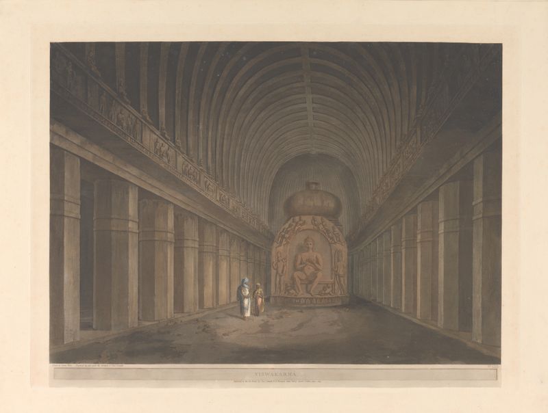 Oriental scenery Pl.47 de Thomas Daniell, retratando uma paisagem nevoenta com montanhas ao crepúsculo.