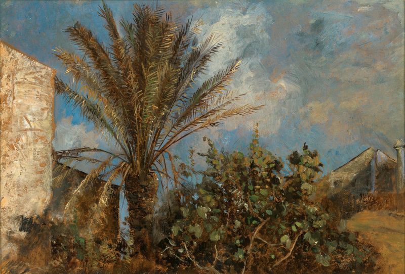 Pintura a óleo impressionista de Marie Egner mostrando palmeiras em Corfu sob um céu claro