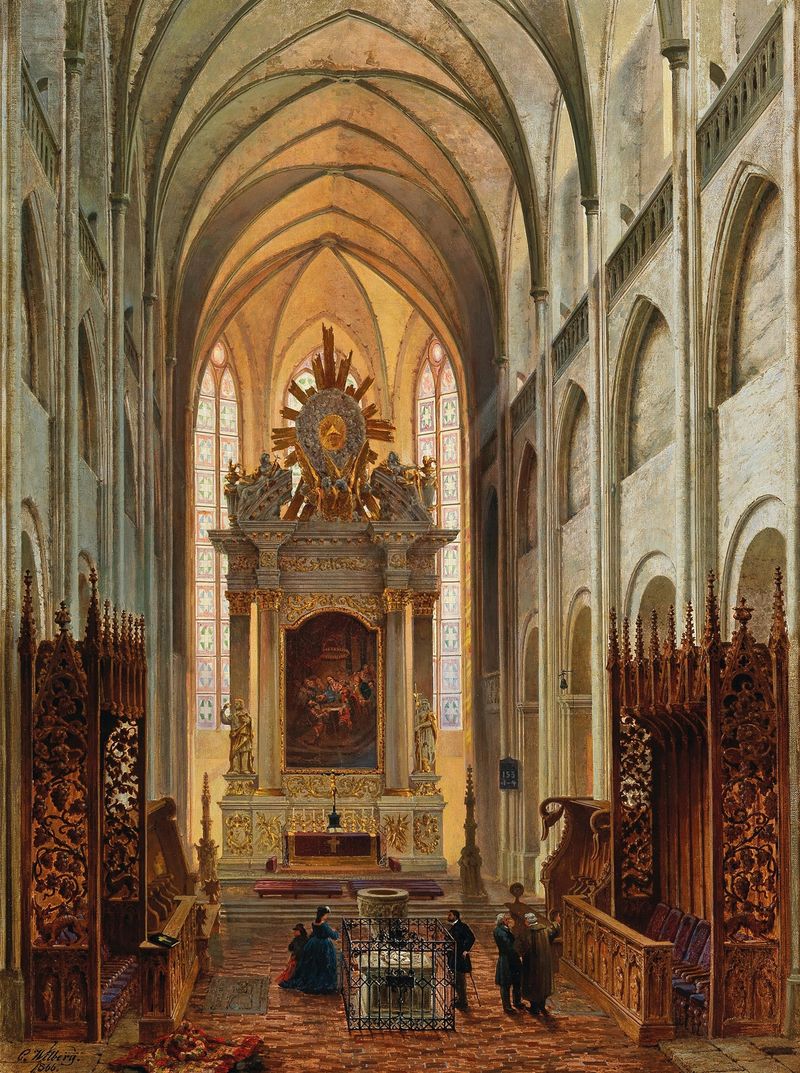 Havelberg Cathedral, oil on canvas by Christian Wilberg, featuring gothic architecture under a vibrant sky.