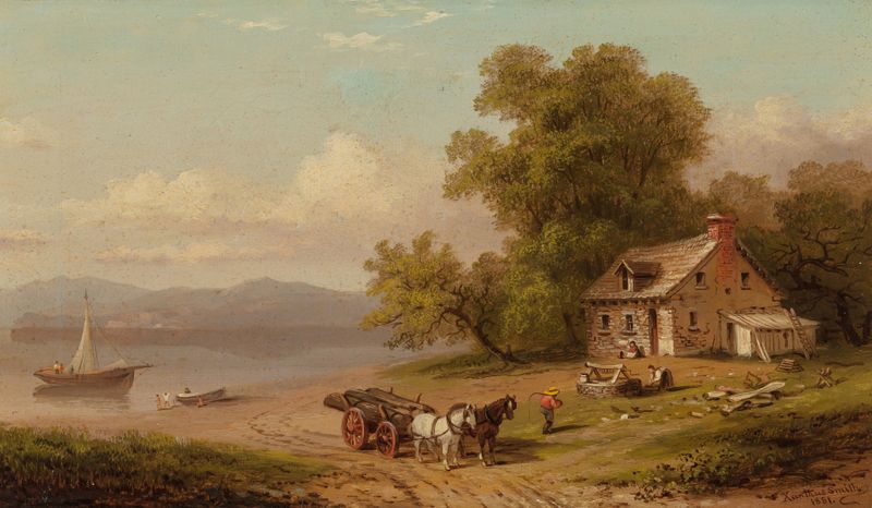 The Wood Cart, oil on canvas by Xanthus Russell Smith, depicting workers with a cart full of logs.