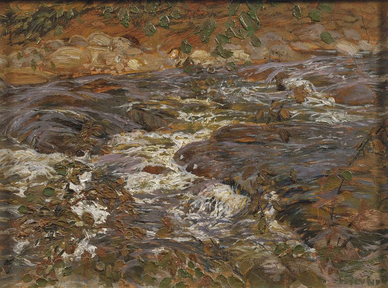Cascading Brook by Helmer Osslund, impressionist oil painting depicting a rushing brook.