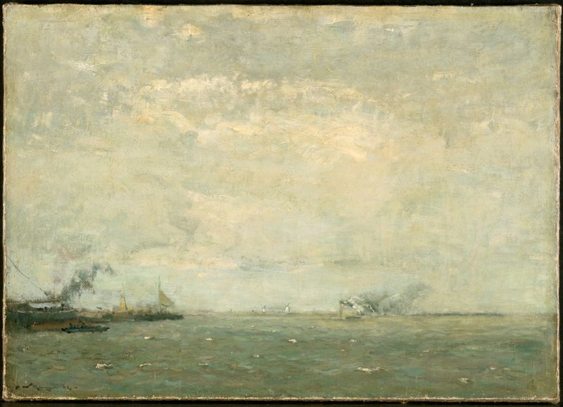 Seascape by Henry Ward Ranger, oil painting depicting a serene ocean with sunlight reflecting on the waves.