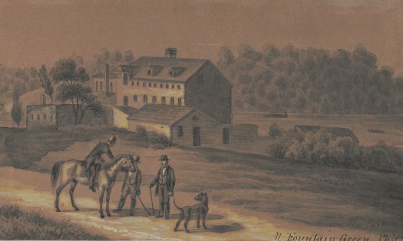 At fountain green, Phila. de Augustus Köllner, óleo sobre lienzo que muestra un paisaje tranquilo con una fuente.