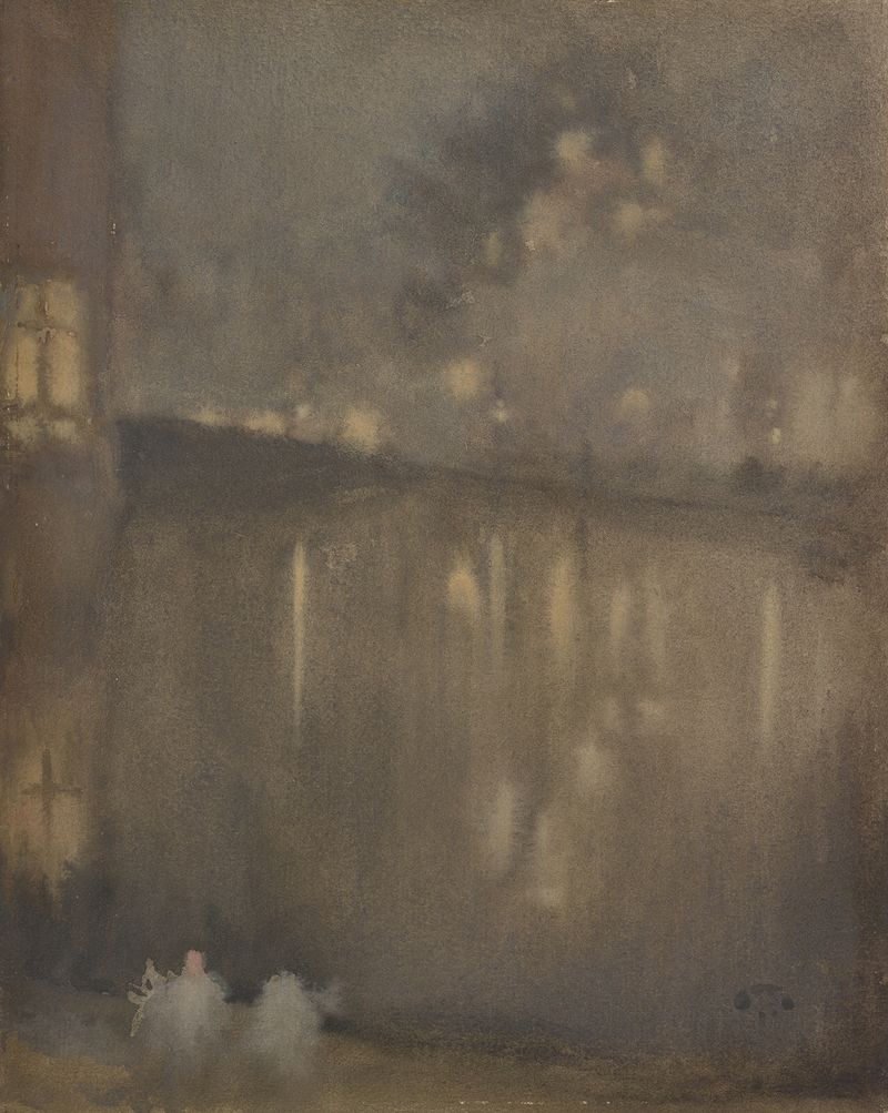 Nocturne: Grey and Gold–Canal, Holland by James Abbott McNeill Whistler, oil painting depicting a twilight canal.