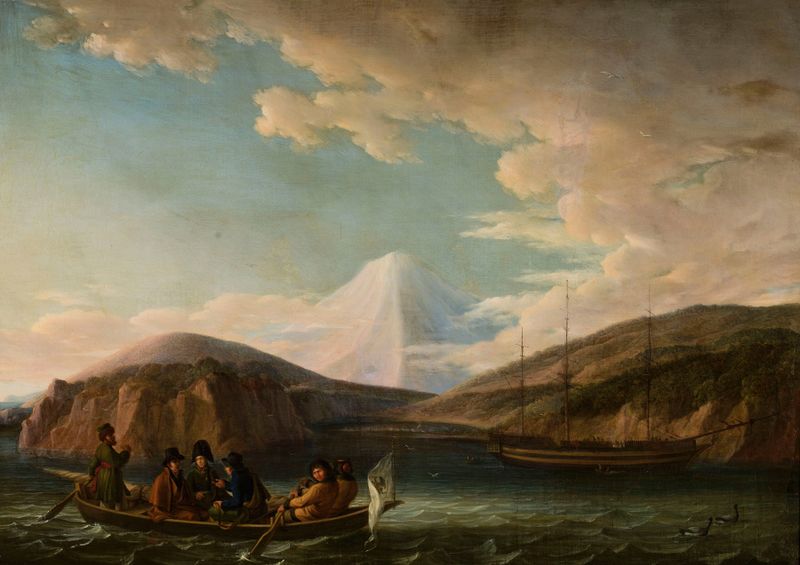 Guide’s Boat de Friedrich Georg Weitsch, óleo sobre tela que retrata um barco em águas brilhantes.