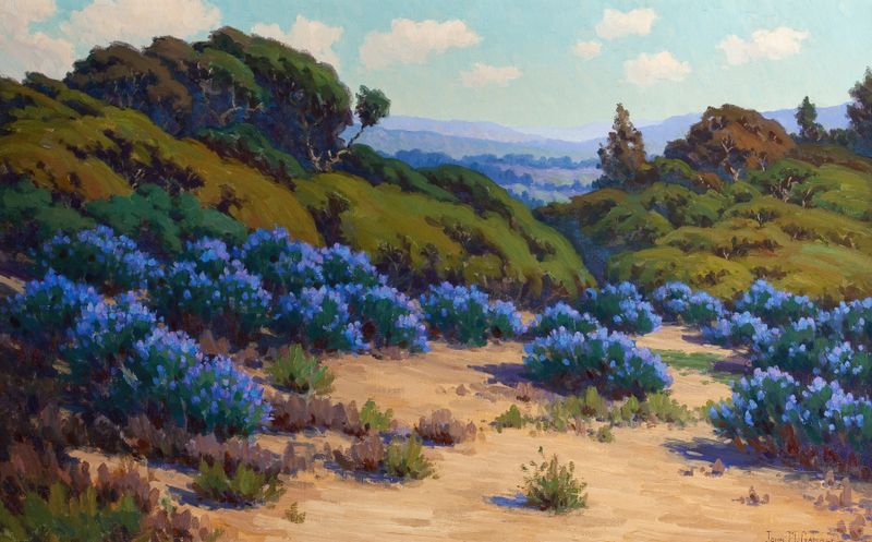 Bush Lupine, Near Del Monte de John M. Gamble, óleo sobre lienzo que muestra flores vibrantes.