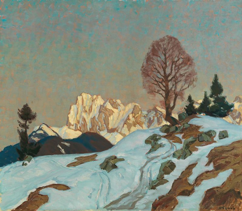 Nachtleuchten am Karwendel, oil painting by Carl O'Lynch, depicting a twilight landscape with ethereal glow.