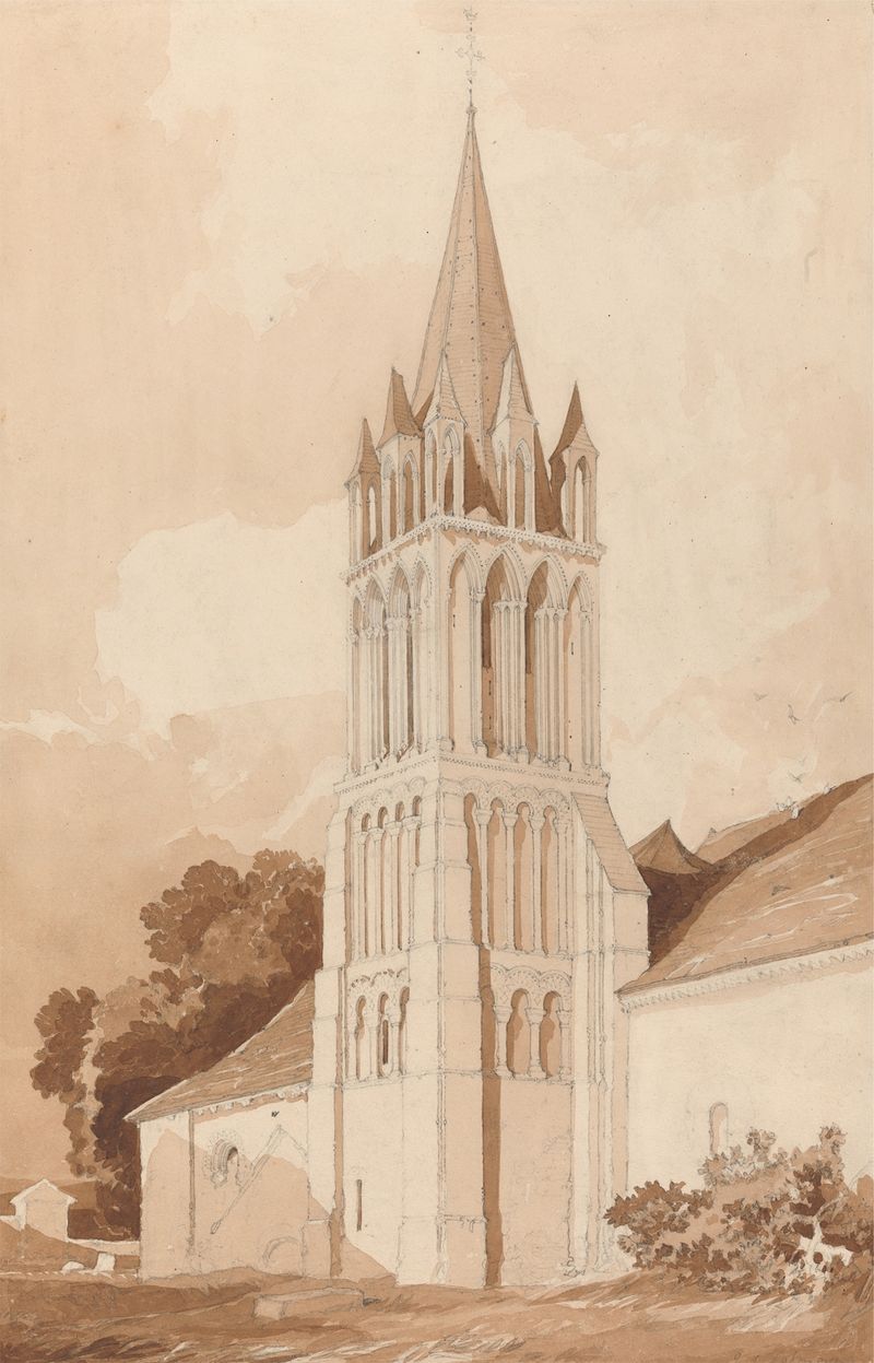 Aquarela de John Sell Cotman representando a Igreja de Ifs em uma paisagem com céu nublado