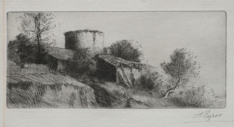 A Torre dos Pombos de Alphonse Legros, pintura a óleo que retrata uma torre com pombos ao entardecer.