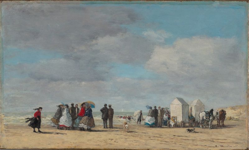 The Beach at Trouville by Eugène Boudin, oil on canvas depicting figures on a sunny beach.