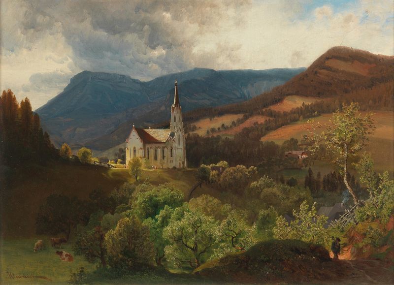 Bergkirche de Anton Hlavacek, óleo sobre tela, apresenta uma torre de igreja sobre uma paisagem tranquila.