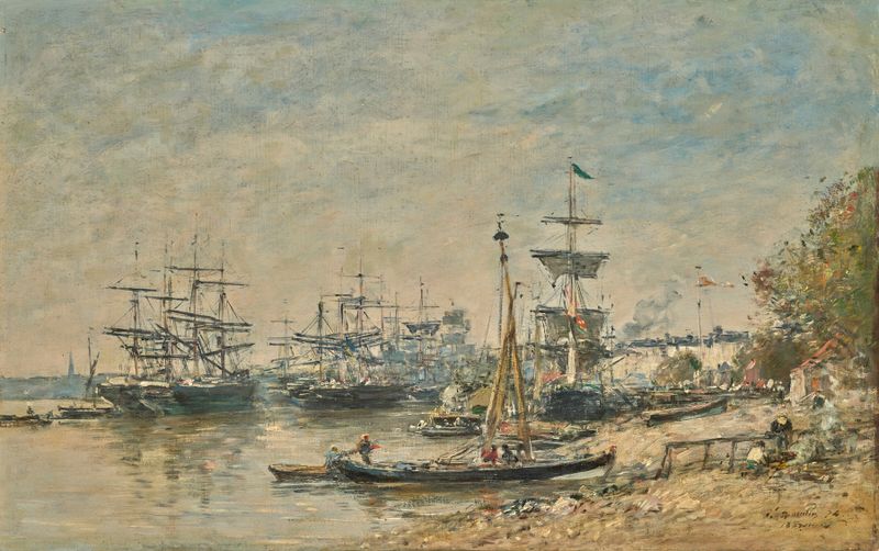 Bordeaux, le port de Eugène Boudin, óleo sobre tela representando barcos em águas cintilantes