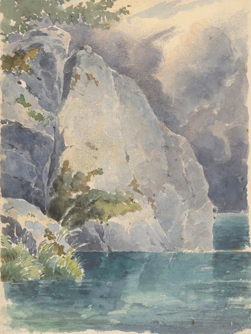 Rock above a Lake by Friedrich Carl von Scheidlin, oil painting depicting a rock formation and tranquil lake.
