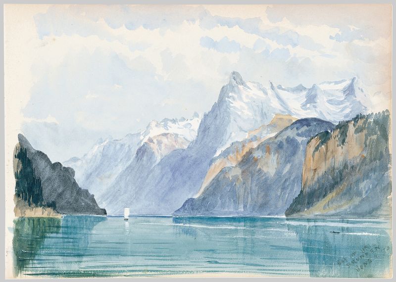 Bay of Uri, Brunnen de John Singer Sargent, óleo sobre tela representando lago tranquilo e montanhas.