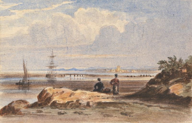 'Seashore with Two Figures and a Distant Town' de John Varley, pintura a óleo
