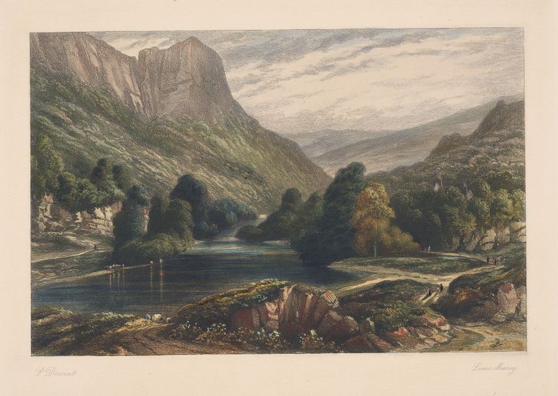 Landscape with Mountain Lake by Louis Marvy, oil painting showing a lake and distant mountains.