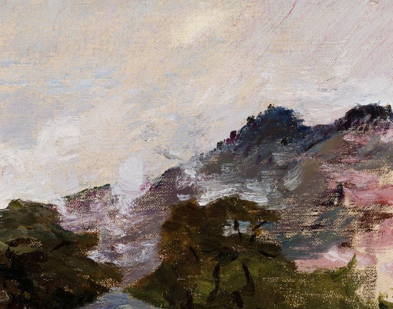 Os Himalaias de Jan Ciągliński, óleo sobre tela mostrando montanhas e um céu etéreo.