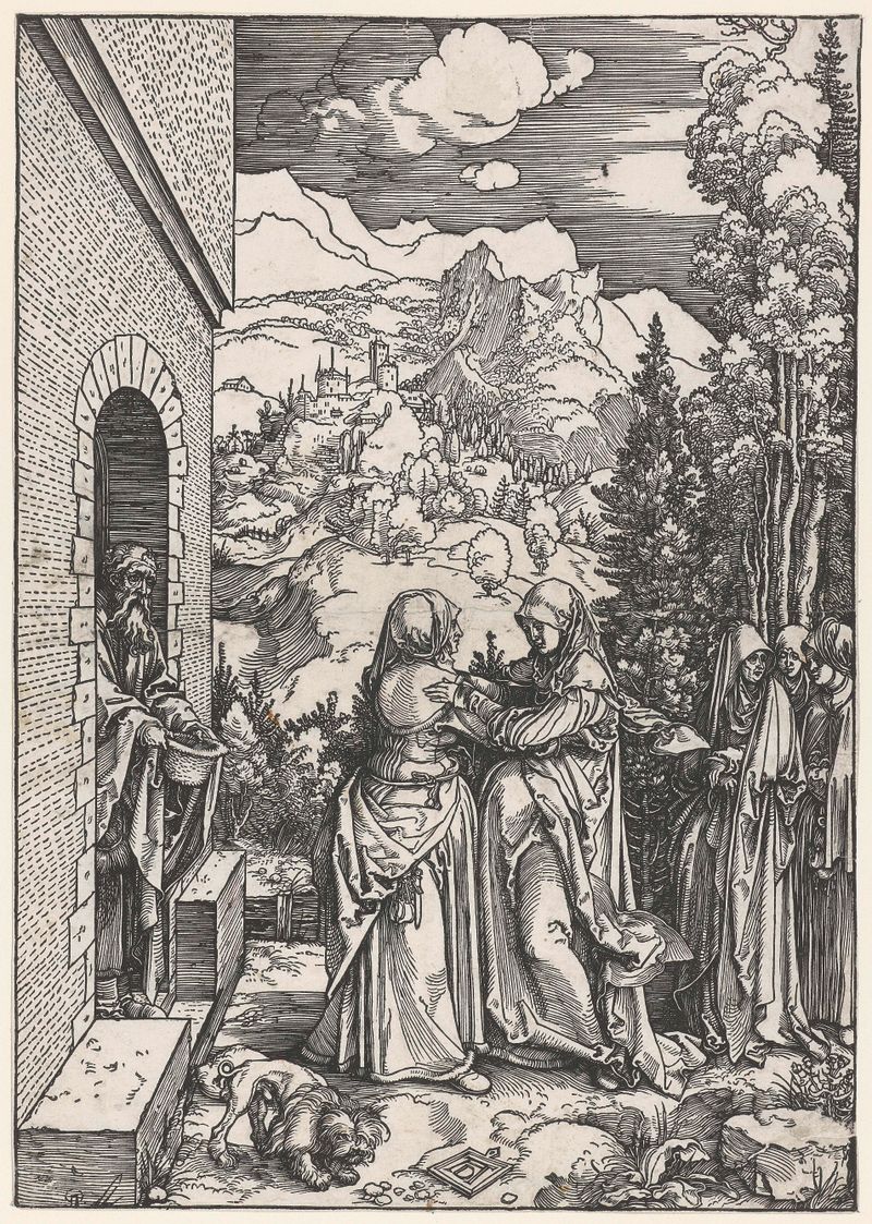 Cena religiosa de duas mulheres em comunhão, obra em papel de Albrecht Dürer