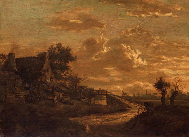 Landscape at Sunset by Raphael Govertsz. Camphuysen, oil on canvas depicting a tranquil meadow at dusk.