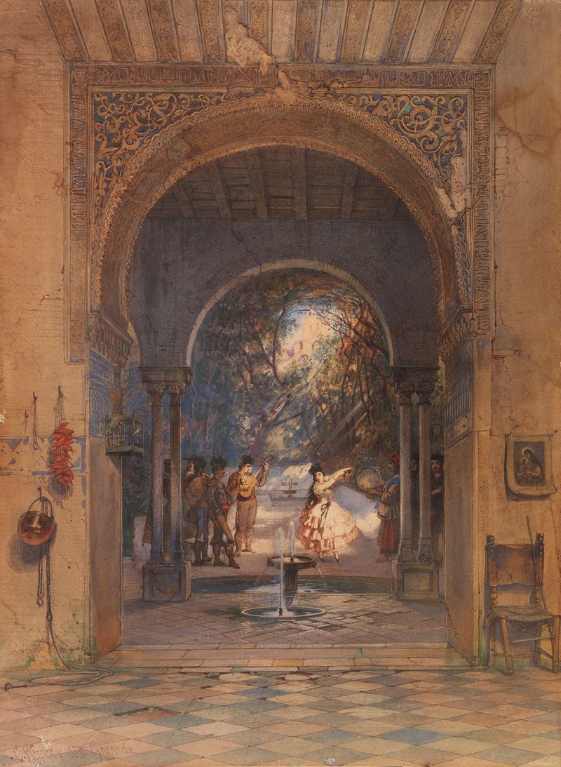 Figurative oil painting by Carl Friedrich Heinrich Werner depicting a dancer in traditional dress.