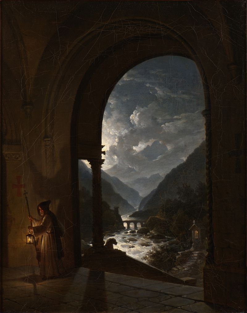 Moonlit Rapids de Carl Gustaf Plagemann, pintura a óleo que retrata um rio à noite.