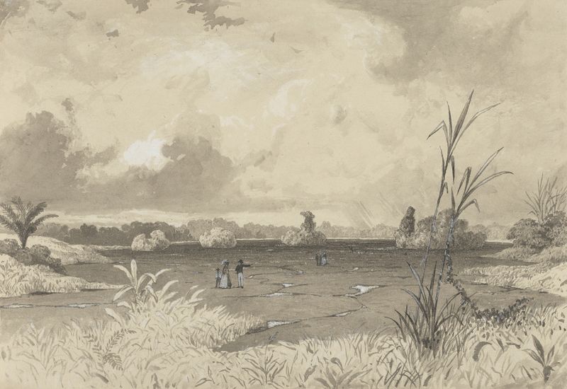 The Pitch Lake de Michel Jean Cazabon, pintura a óleo que retrata uma paisagem vibrante.