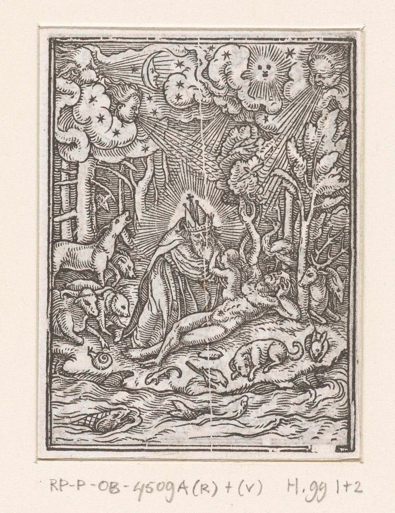Gravura de Hans Holbein II mostrando Eva emergindo da escuridão com luz.
