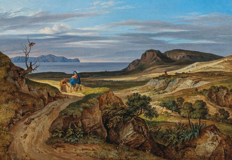 The Flight into Egypt by Heinrich Reinhold, oil on canvas, showing Mary, Joseph, and Jesus in a serene landscape.
