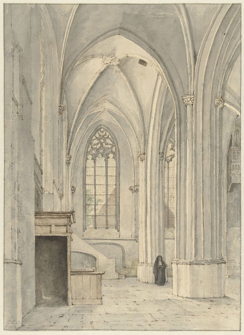 Interior of a church with columns and stained glass by Gerrit Lamberts, oil painting