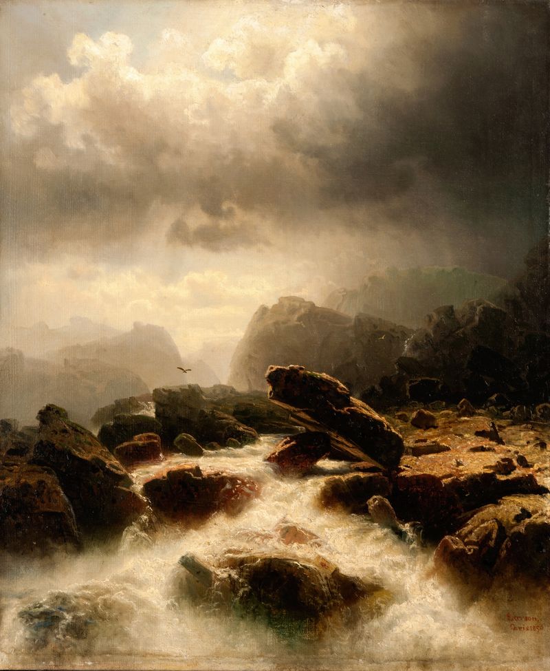 Waterfall de Marcus Larson, óleo sobre tela que retrata uma paisagem serena com água corrente.