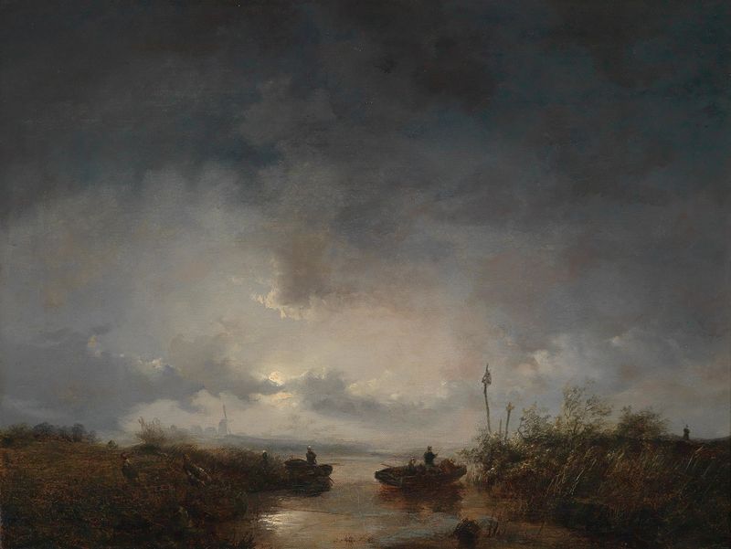 Fishermen in a moonlit night, oil on canvas by Remigius Adrianus van Haanen