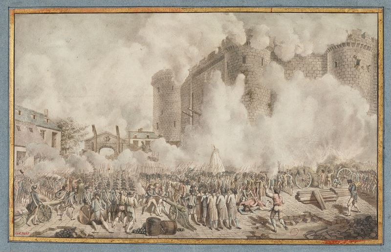 Historical oil painting by Jules-Adolphe Chauvet depicting a man raising a weapon at the Bastille.