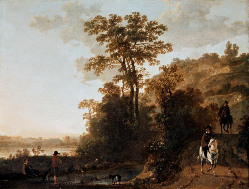 An Evening Ride near a River de Aelbert Cuyp, óleo sobre lienzo que representa un caballo y un jinete a contraluz al atard...