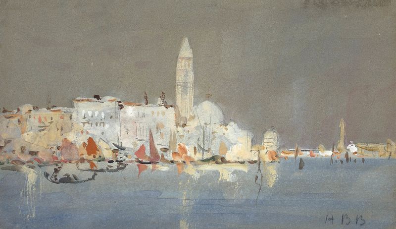 Venetian landscape with a campanile and serene waves, oil on canvas by Hercules Brabazon Brabazon